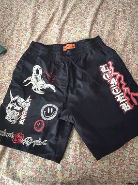 LOFT Black Athletic Shorts with White and Red Graphic Prints